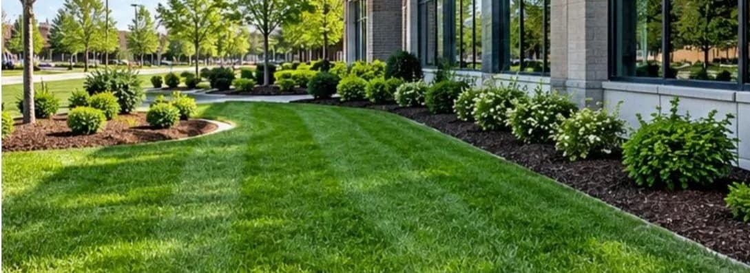 Entrance walkway with trimmed shrubs and mulched beds