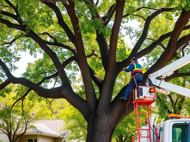Person in a raised bucket among the branches of a large leafy tree